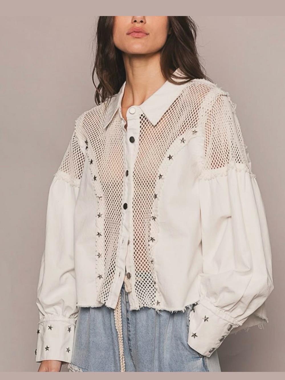 POL White Star Studded Mesh Crochet Oversized Shacket Shirt LARGE